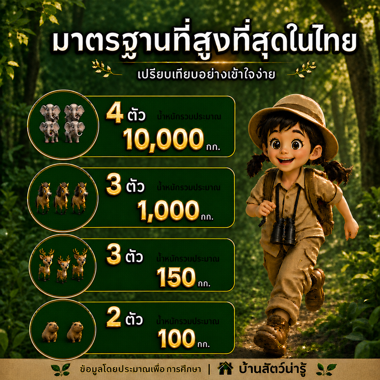 ภาพเปรียบเทียบน้ำหนักโดยประมาณของช้าง ม้าป่า กวาง และคาปิบารา